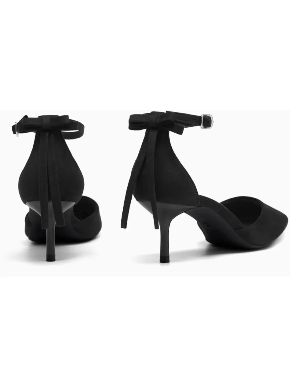 Women's Black Kitten Low Heels Closed Pointed Toe Pumps Bow Ankle Strap Shoes